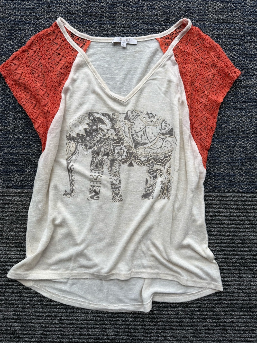Miss Me Cream Elephant Print Raglan Top with Lace Sleeves